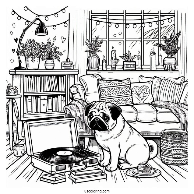 Cozy Home Scene with Pug Coloring Page and Vinyl Player