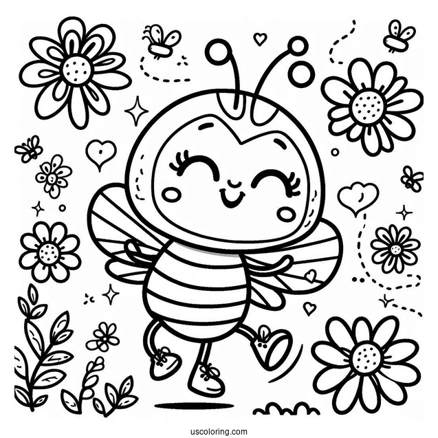 Happy Bee Coloring Page Flashcard For Kids