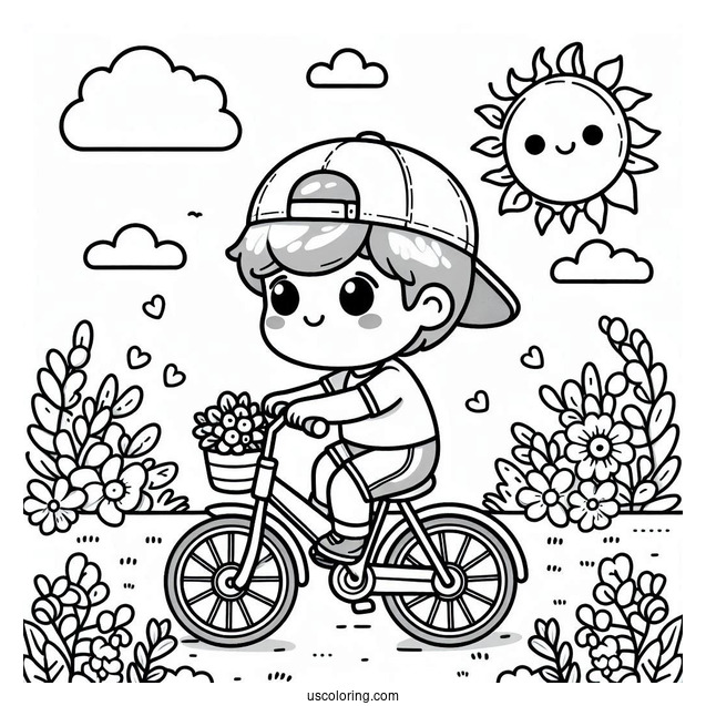 Kawaii Little Boy Riding Bicycle Coloring Page With Training Wheels For Preschoolers