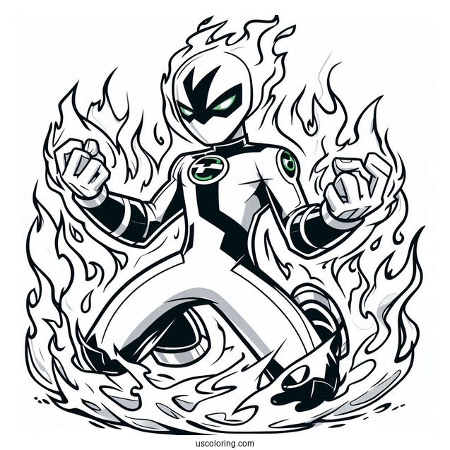 Ben 10 Coloring Page Of XLR8 Surrounded By Flames