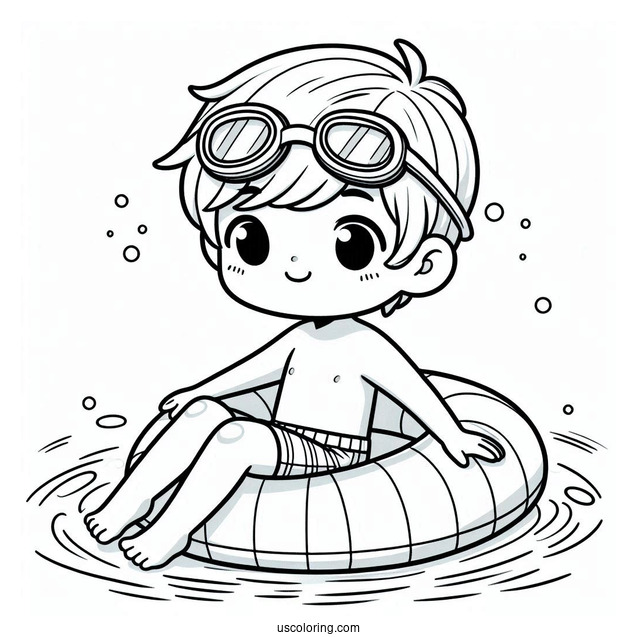 Swimming Coloring Page Of Boy Wearing Goggles And Pool Float For Preschoolers