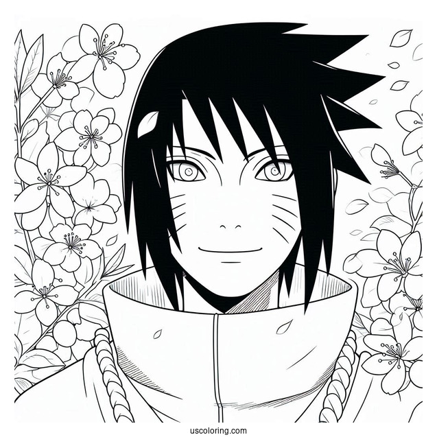 Uchiha Sasuke Coloring Page Smiling At Cherry Blossoms