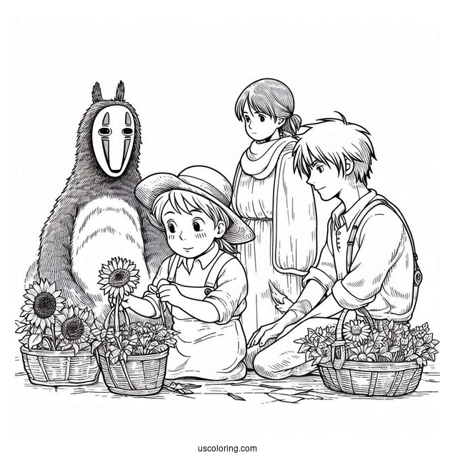 Studio Ghibli Coloring Page of Markl, Hin, and Scarecrow From Howl s Moving Castle