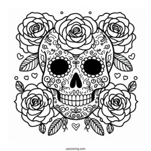 Easy Sugar Skulls Coloring Page With Roses For Kids