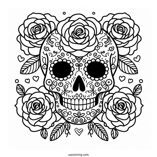 Easy Sugar Skulls Coloring Page With Roses For Kids