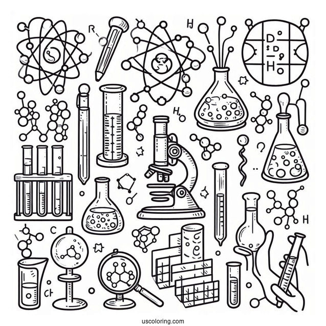Science Coloring Page Of Laboratory Tools And Molecules For Kids