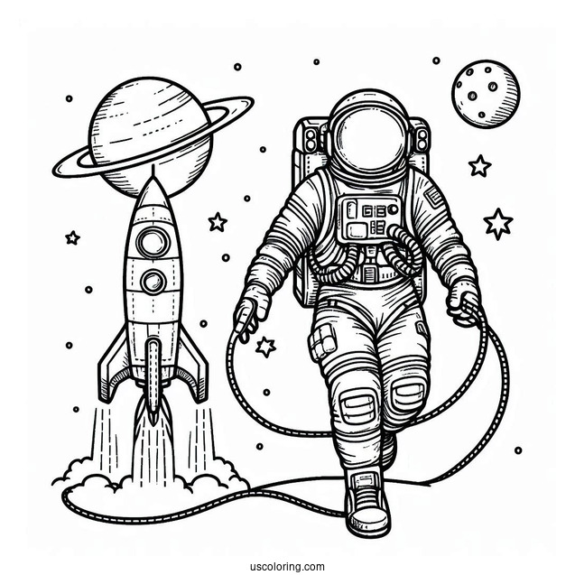 Astronaut Doing Space Walk With Rocket To Color