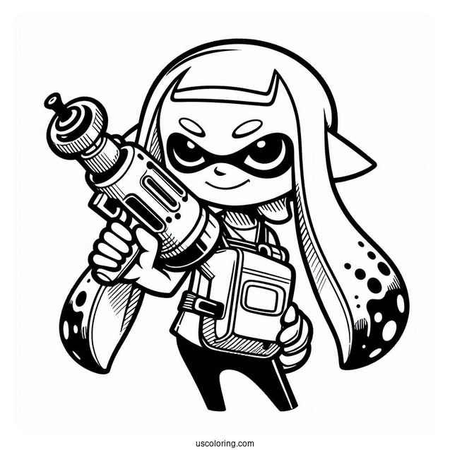 Splatoon Coloring Page Of Blue Inkling Holding Inkjet For Kids