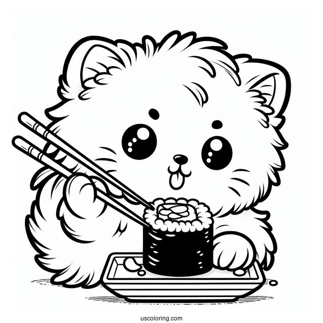 Fluffy Cat Eating Sushi Coloring Pages With Chopsticks For Kids