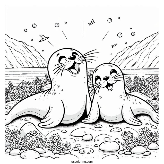 Two Seal Coloring Page Laughing On Land