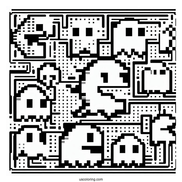 Retro Pixelated Pac-Man Coloring Page Ghosts