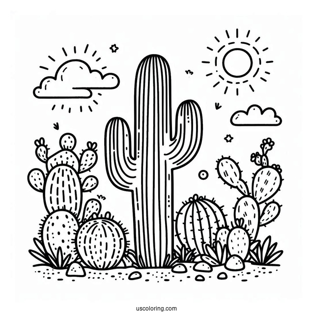 Simple Outline Of Cactus Plants In The Desert For Kids