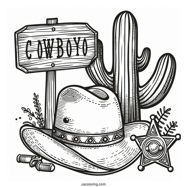 Cowboy Coloring Page Hat, Sheriff s Badge, Cactus, And Wooden Road Sign