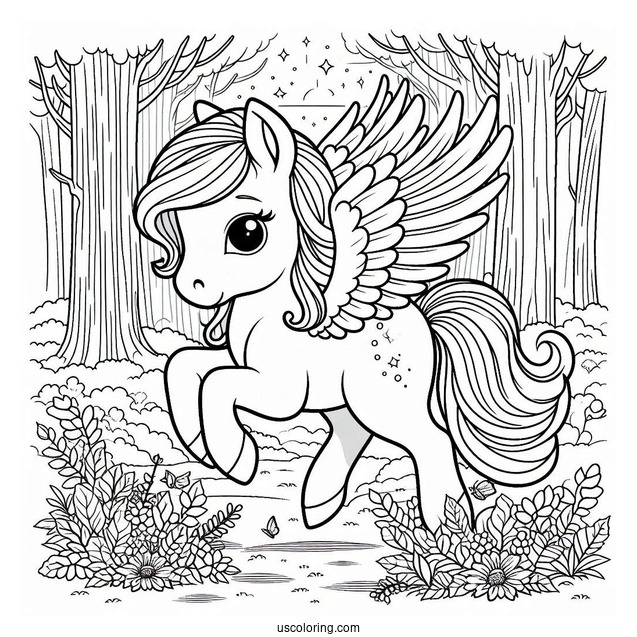 Young Pegasus Coloring Page In The Forest