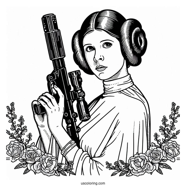 Princess Leia With Blaster Coloring Sheet