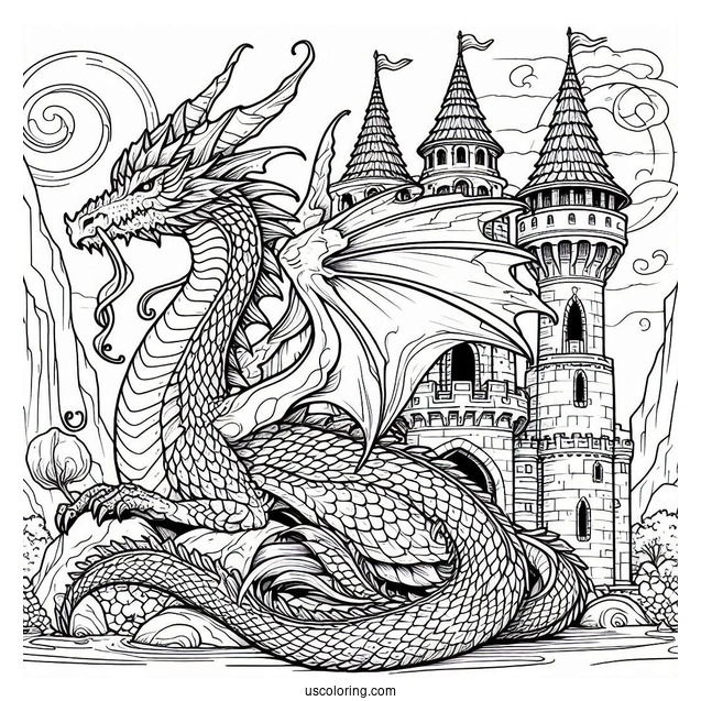 Dragon With Large Scales Wrapped Around Castle Tower