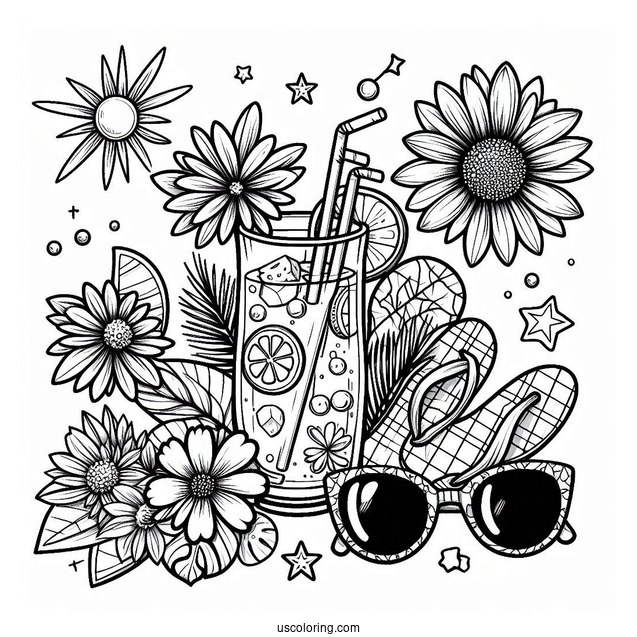 Summer Coloring Page Of Drink, Flowers, Sunglasses, And Flip Flops