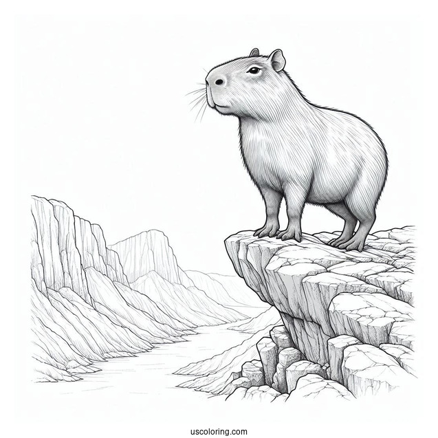 Realistic Capybara Coloring Page Standing On Cliff