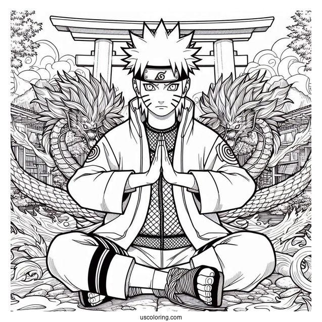 Naruto Coloring Page Of Detailed Kurama Nine Tails In Front Of Torii