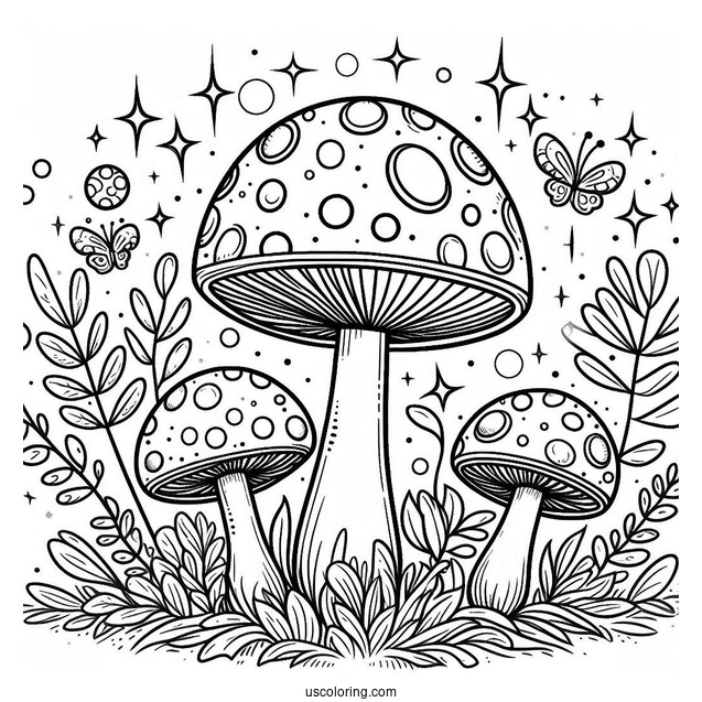 Mushroom Coloring Page With Spotted Cap And Sparkly Background