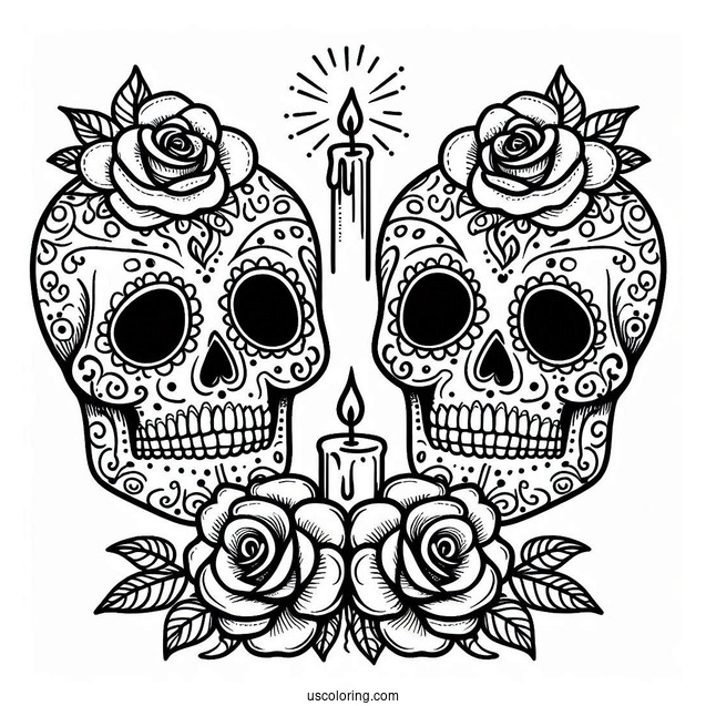 Sugar Skulls Coloring Page With Two Roses And A Lit Candle On Its Head