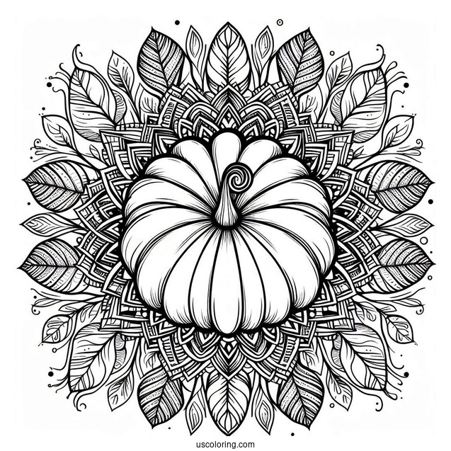 Intricate Pumpkin Coloring Page Mandala With Leaves