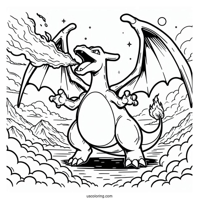 Coloring Page Of Charizard Breathing Fire In The Sky