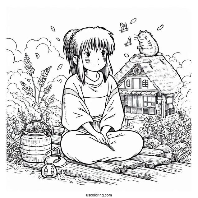Studio Ghibli Coloring Page of Spirited Away Chihiro In The Spirit World