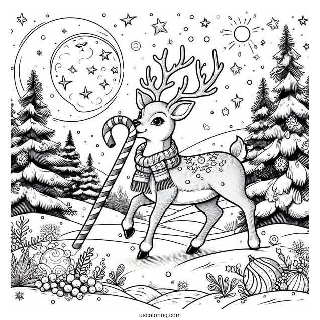 Christmas Coloring Pages For Adults Of Rudolph Biting Candy Cane In Snowy Landscape