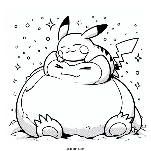 Pikachu Sleeping On Top Of Snorlax Coloring Page In Winter