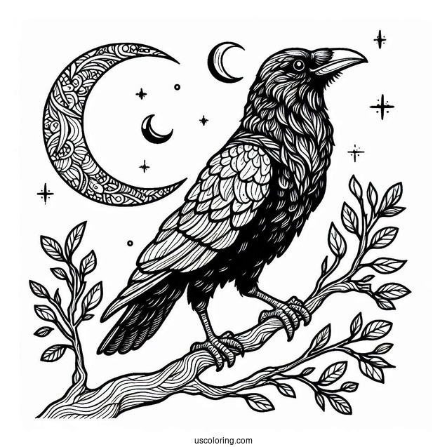Raven Coloring Page Wearing A Cape While Perched On A Tree