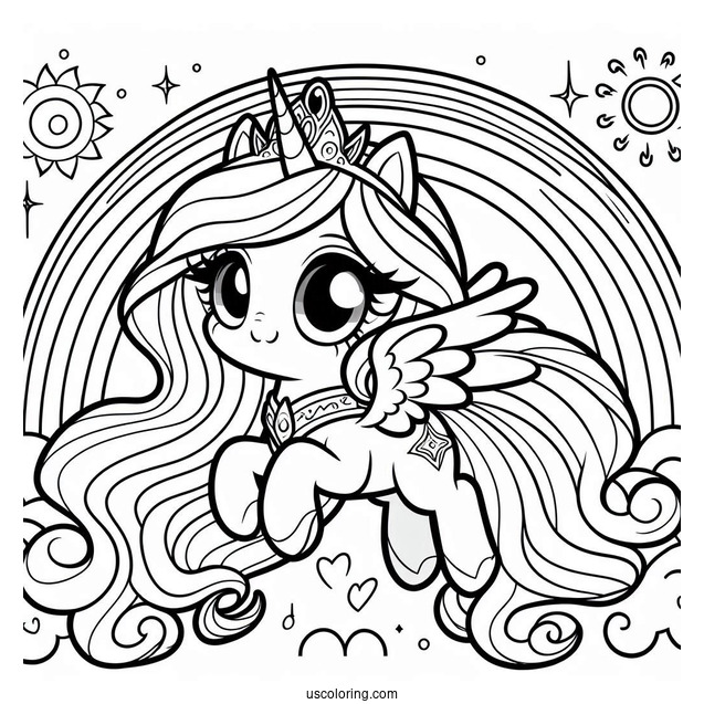 Cute Chibi Princess Celestia Coloring Page With Rainbow In The Background