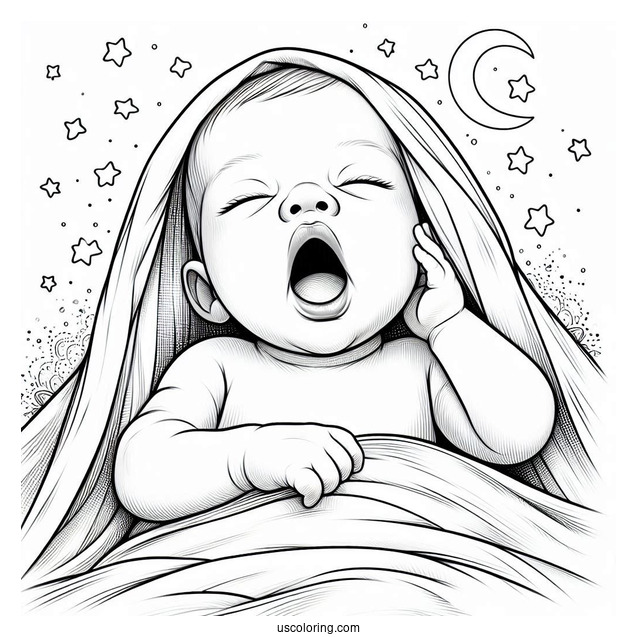 Realistic Baby Coloring Page Yawning Under The Blanket