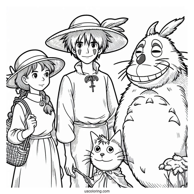 Studio Ghibli Coloring Page of Markl, Hin, and Scarecrow From Howl s Moving Castle