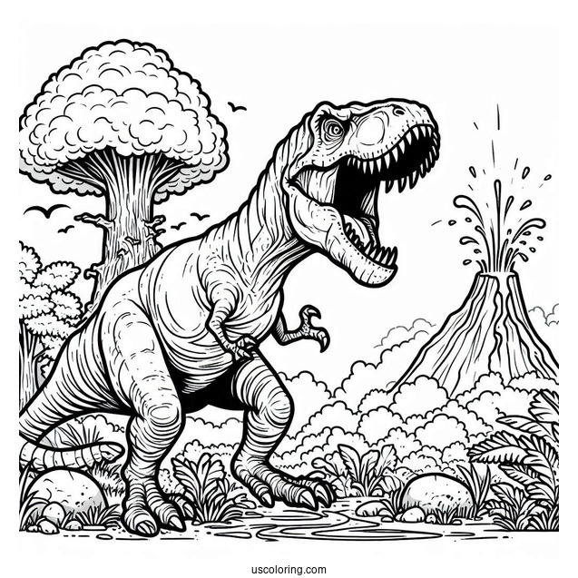 Roaring T-Rex With Volcano Erupting To Color