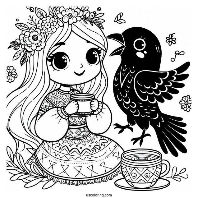 Happy Raven Coloring Page Drinking Coffee For Kids