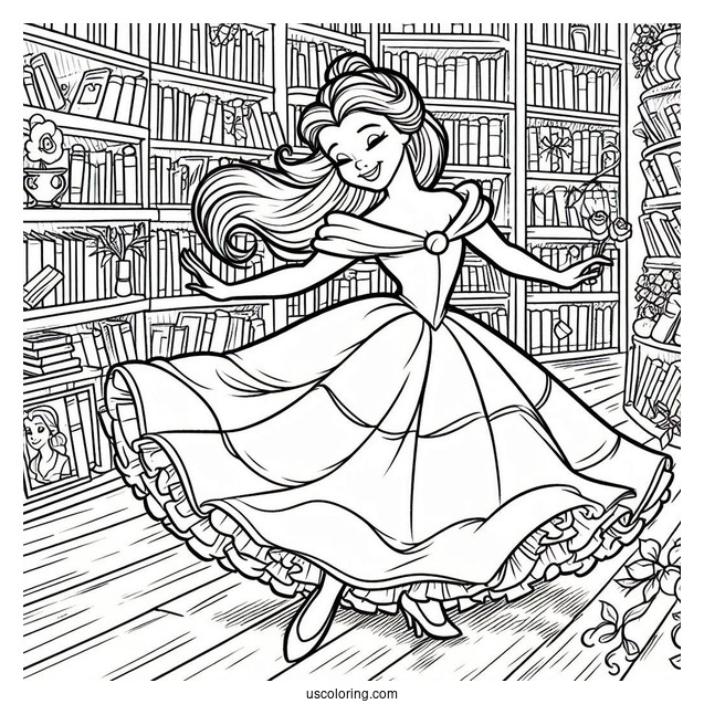 Coloring Page Of Belle Dancing In Book Store