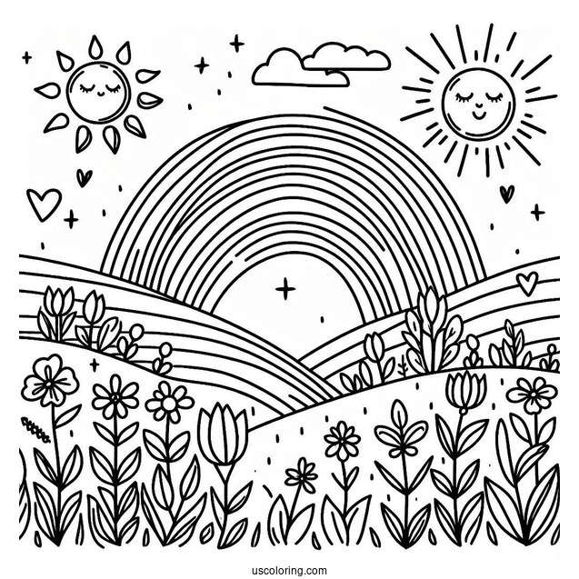 Spring Coloring Page Sun, Rainbow And Flower Field For Preschoolers