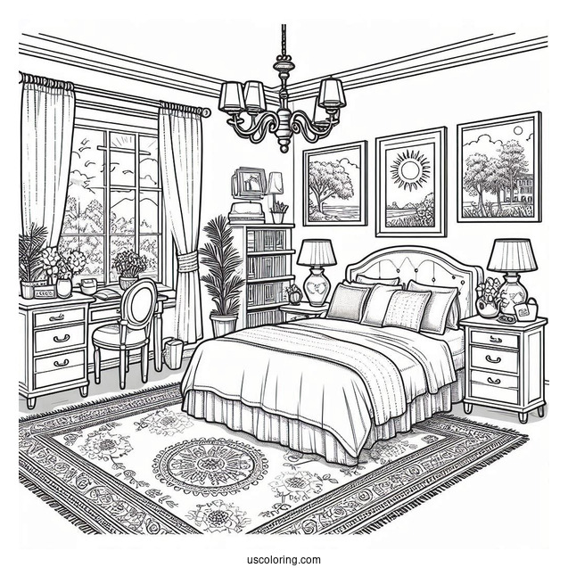 Sunny Bedroom Coloring Page With A Double Bed, Side Desks, Paintings, And Rugs