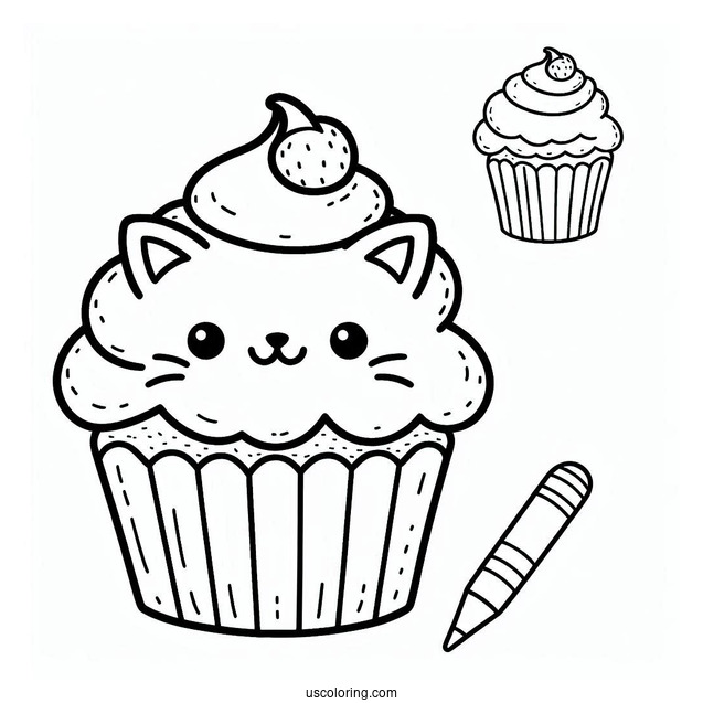 Cat Themed Cupcake To Color For Kids