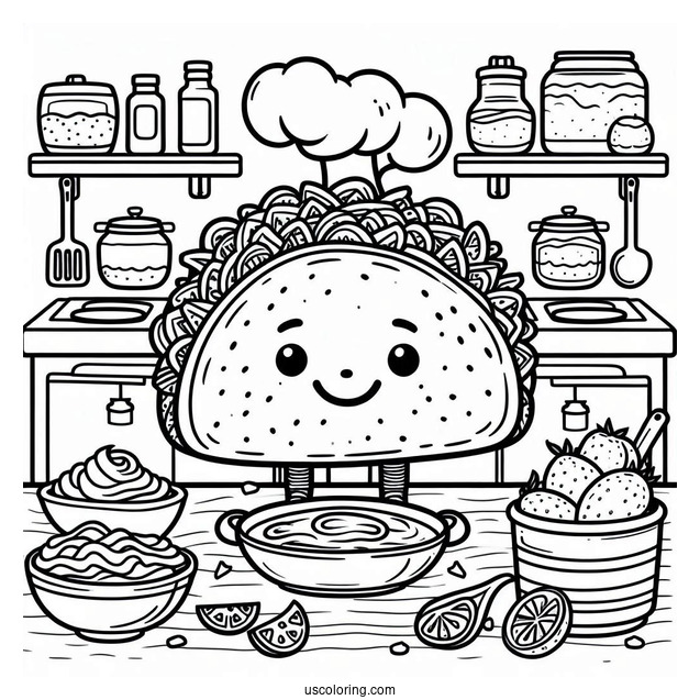 Adorable Taco On The Kitchen Coloring Sheet For Kids