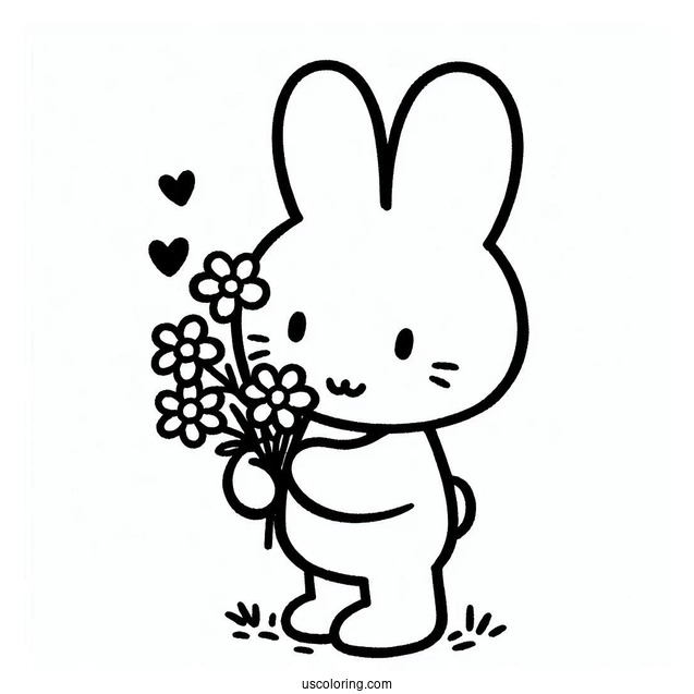 Easy Miffy Coloring Page Holding Flowers