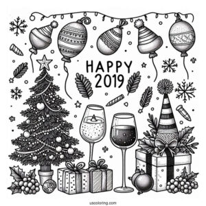 New Year Coloring Page Of Essentials With Party Hats, Christmas Tree, Wine Glasses, And Balloons