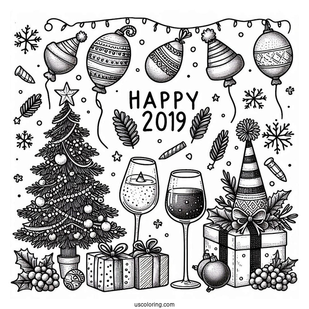 New Year Coloring Page Of Essentials With Party Hats, Christmas Tree, Wine Glasses, And Balloons