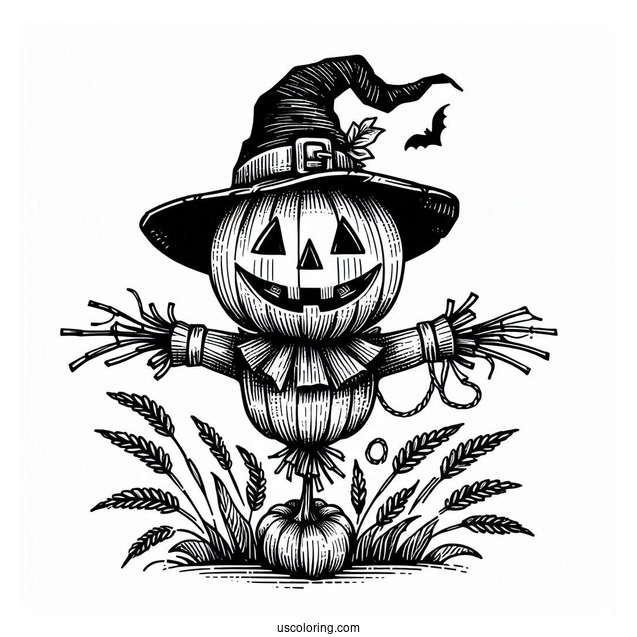Jack O Lantern Scarecrow Coloring Page With A Top Hat On Halloween