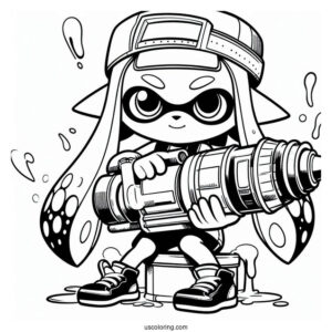 Splatoon Coloring Page Of Blue Inkling Holding Inkjet For Kids