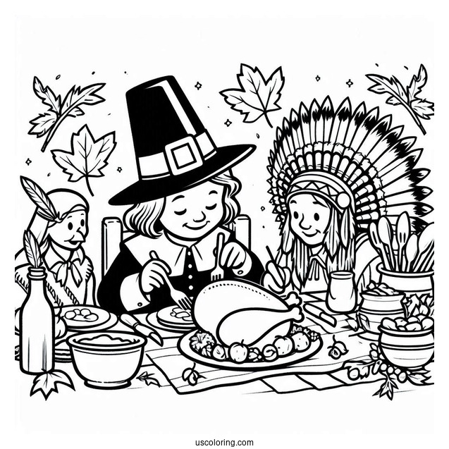 Pilgrim Coloring Page Eating Thanksgiving Feast With Native Americans