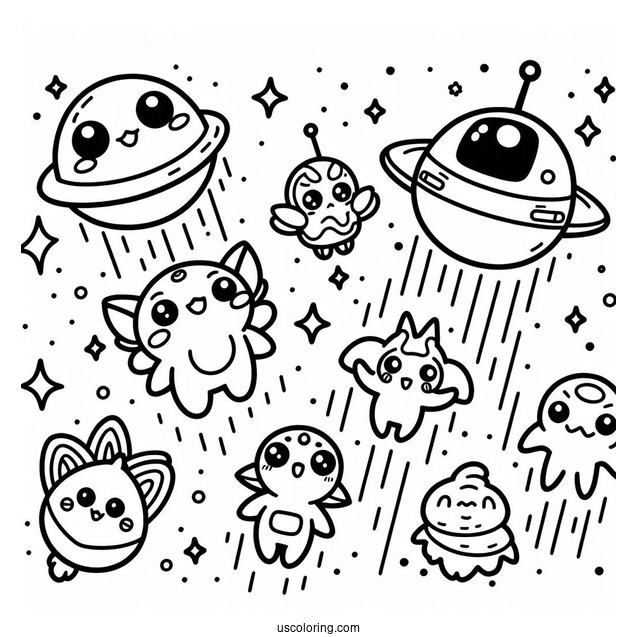 Tamagotchi Coloring Page Of Mametchi, Tomomi, And The Other Extraterrestrials Falling From The Sky