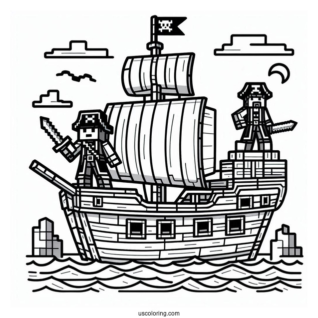 Easy Minecraft Pirate Ship Coloring Page With Two Pirates For Kids