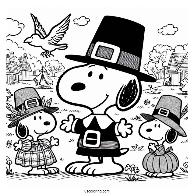 Snoopy And Friends Pilgrim Coloring Page Celebrating Thanksgiving